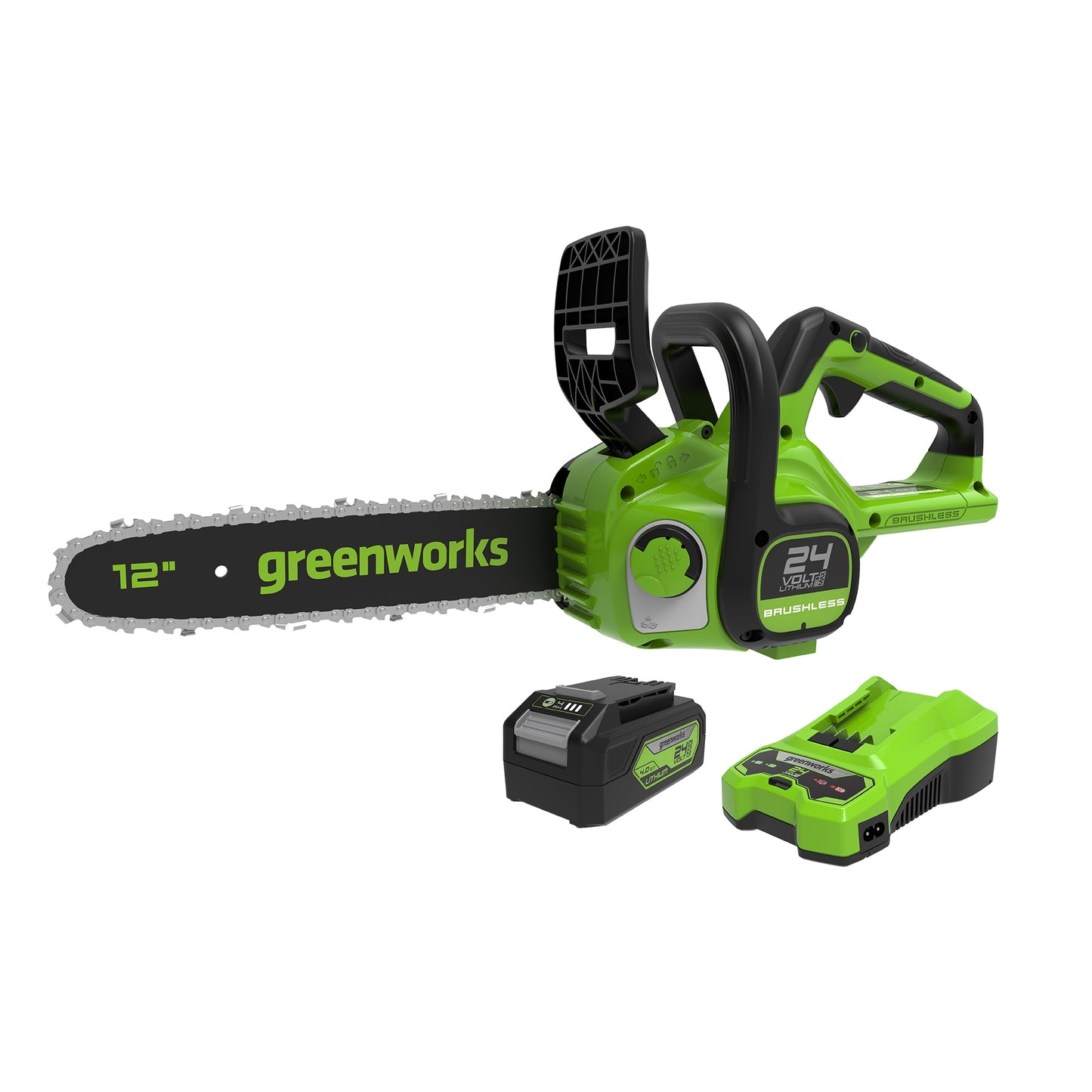 Greenworks 24-volt 12-in Brushless Battery 4 Ah Chainsaw (Battery and Charger Included) CS24L410