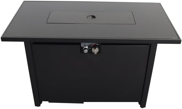 42 Inch Steel Outdoor Fire Pit Table with Lid and Lava Rocks, Propane Gas Firepit for Patio Garden Backyard with Glass Wind Guard