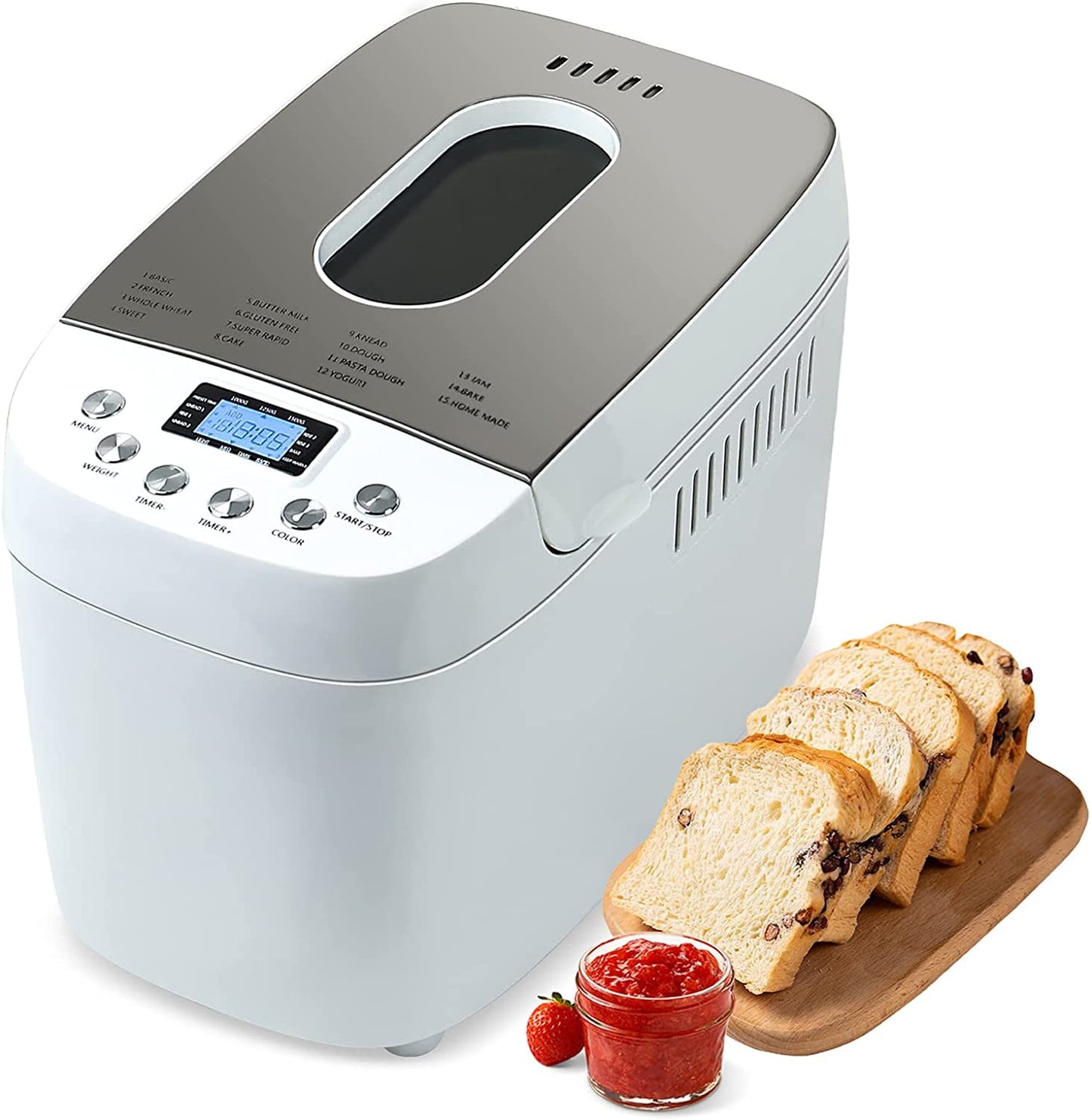 3LB Bread Maker Machine Automatic Bread Machine with Dual Kneading Paddles 15-in-1 Breadmaker Dough Maker with Gluten Free Setting, 3 Loaf Sizes 3 Crust Colors, Nonstick Baking Pan, White