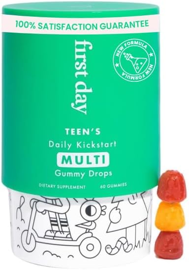 FIRST DAY Teens Daily Kickstart Multivitamin Gummies for Ages 14+ \u2013 Vitamins A, B1, B2, B6, E, B12, C, D3 & K2 + Zinc & Folate \u2013 Made w\/Organic Fruits & Veggies, Only 2g Sugar \u2013 30 Day Supply