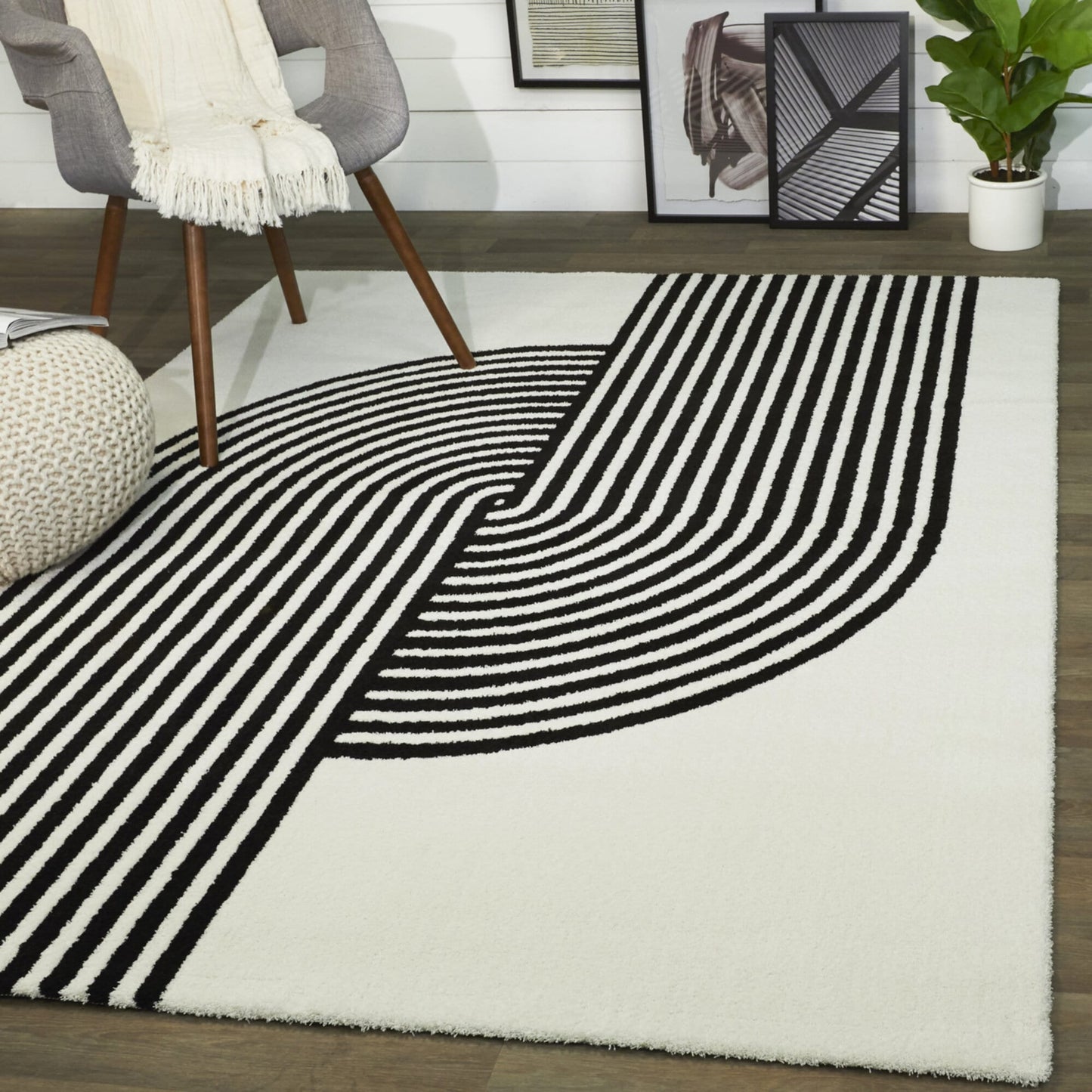 Balta 8 x 10 (ft) Loomed White Rectangular Indoor Stripe Mid-Century Modern Area rug