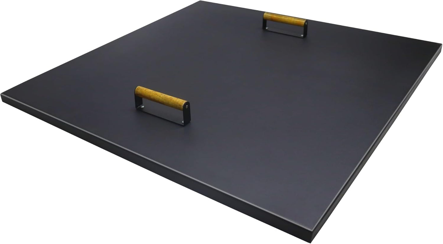 Febtech -34" Square Fire Pit Snuffer Lid - Carbon Steel Fire Pit Pan Lid for 32" FirePit- Steel Cover with Wooden Handles FirePit Shield for Outdoor Burner Cover Camping Accessories