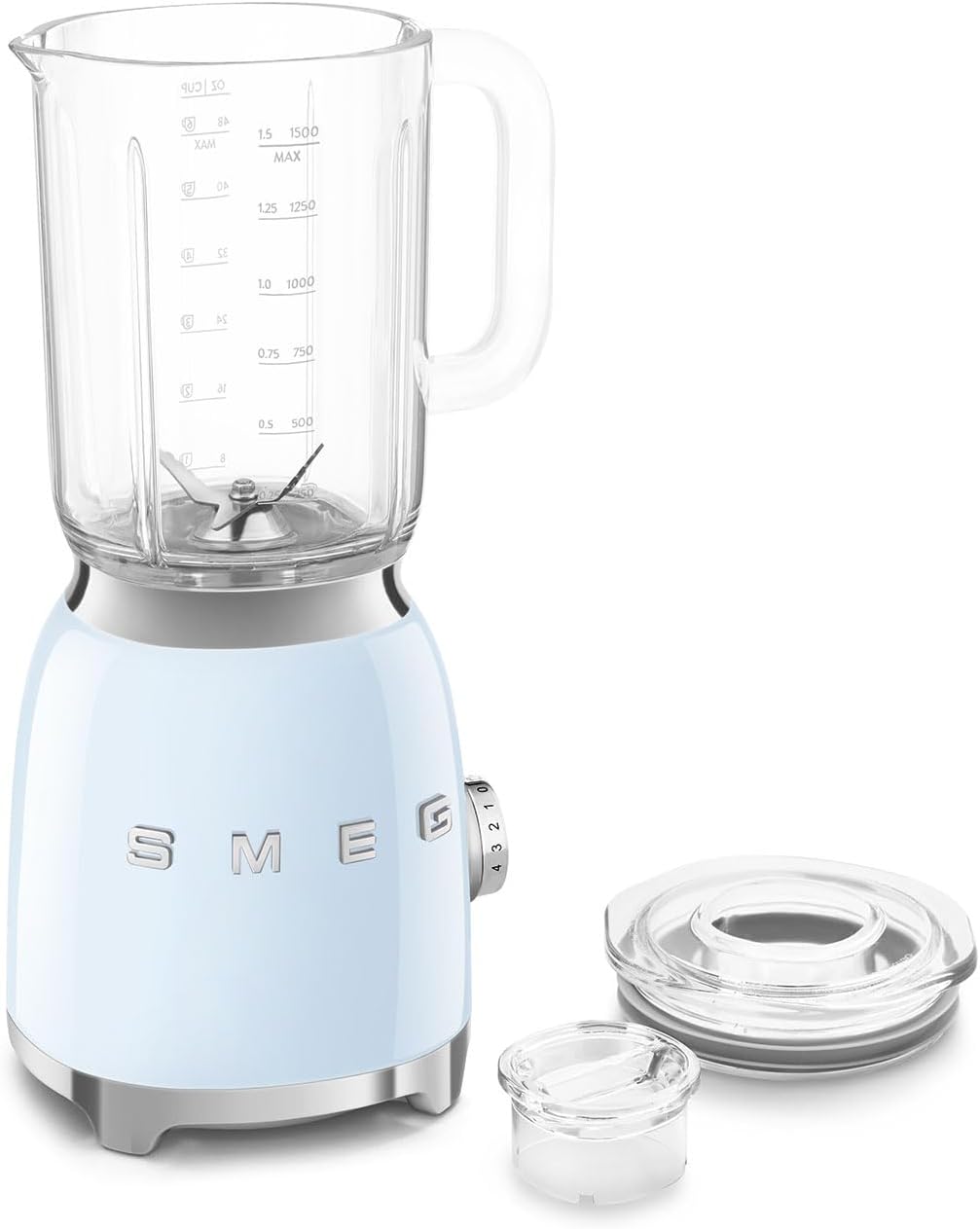 SMEG BLF03 Retro Style Blender \u2013 600W Countertop Blender with 48 oz BPA-Free Jug, 3 Speeds + Pulse, Ice Crush & Smoothie Functions \u2013 50s-Inspired Design-Pastel Blue