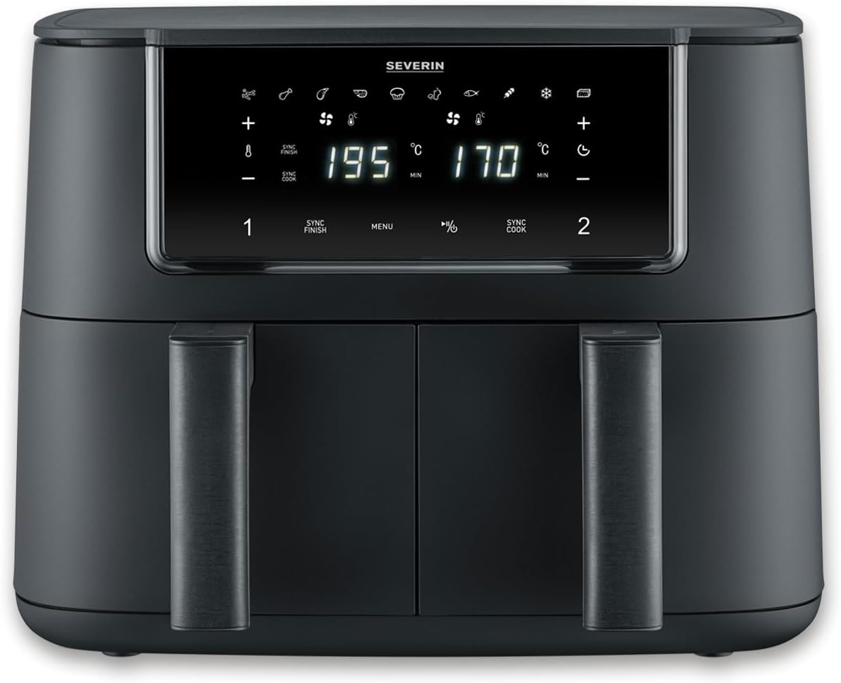 SEVERIN Hot air fryer double cooking zone, Air fryer 10 programs, Oil-free fryer with 2 4 L baskets without PFAS, Touch screen multicooker, Black, FR 2463