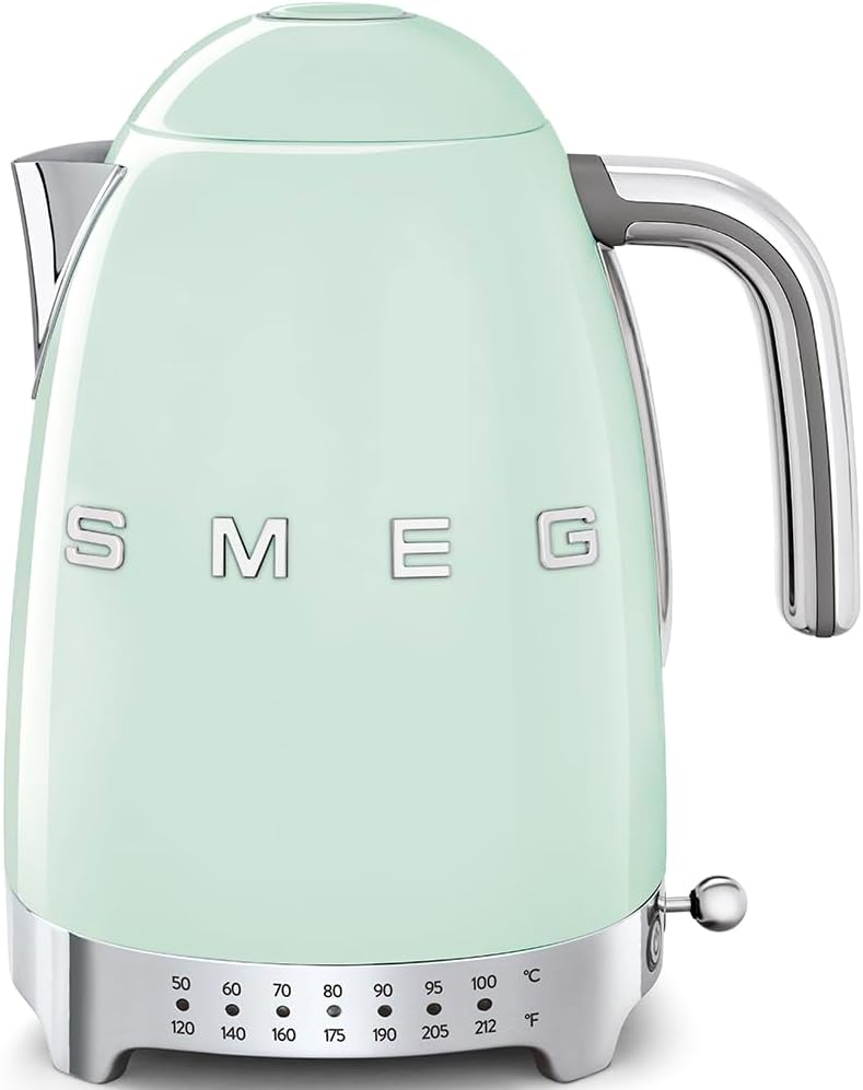 SMEG 7-Cup Variable Temperature Electric Kettle - Retro Style Aesthetic with Advanced Technology - Stainless Steel, 1400W, 120V, 360° Swivel Base, Keep Warm Function (Pastel Green)