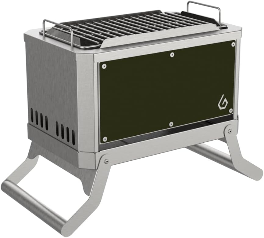 GGUBUS Wild Hunter Triple Combustion Camping Fire Pit \u2013 Foldable, Portable Dual Grill & Bonfire Stove, Low-Smoke, Triple Airflow, Ceramic-Coated, Tool-Free Assembly, Carry Bag (Khaki)