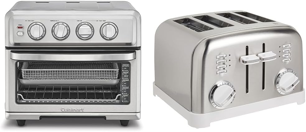 Cuisinart Air Fryer + Convection Toaster Oven, 8-1 Oven with Bake, Grill, Broil & Warm Options, Stainless Steel, TOA-70 & CPT-180WP1 4-Slice Metal Classic Toaster, White/Stainless Steel
