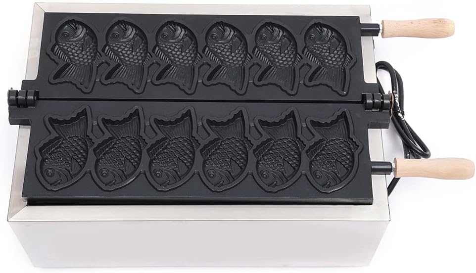 Electric Waffle Maker Machine Electric Fish Shaped Taiyaki Waffle Machine Cake Baking Commercial Taiyaki Fish-Shaped Mold Baker Double Pan Mold for Home DIY Cooking Party Dessert (6pcs 3000w)