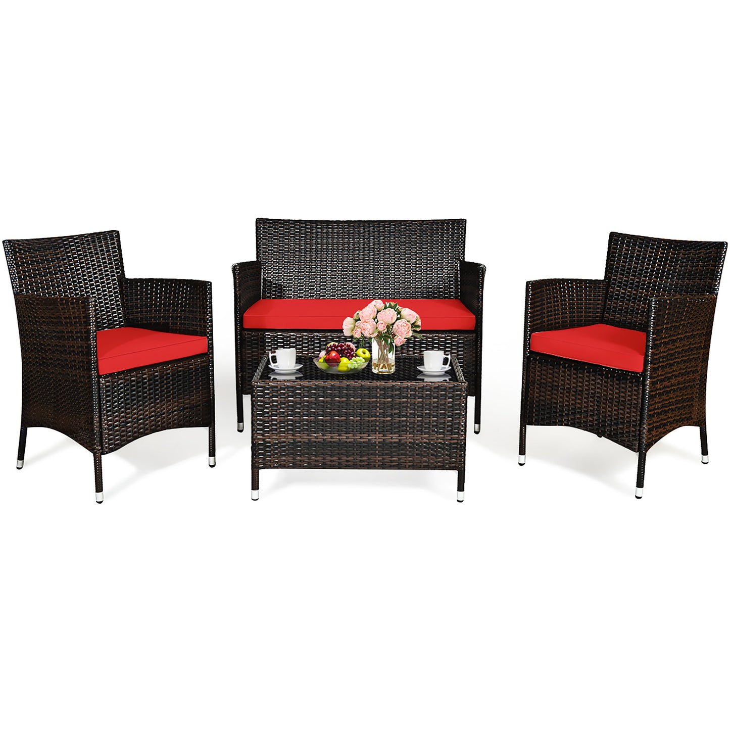 Costway 4 -Piece Rattan 2 Patio Sofa Conversation Set with Red Cushions