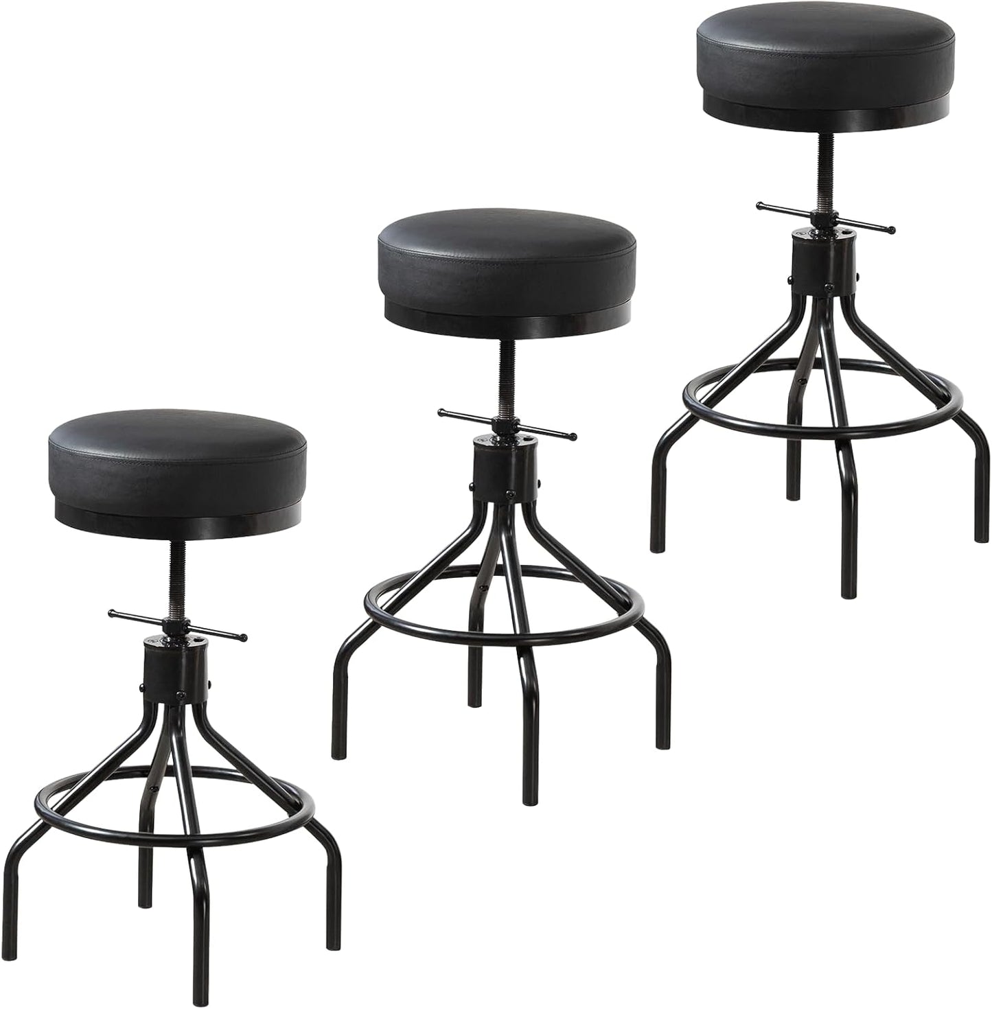 CHIDOCHILO Industrial Bar Stools Set of 3 Adjustable Barstools Swivel Modern PU Leather 28inch Round Backless Kitchen Counter Height Metal Stool Bar Chair for Kitchen Island (3, Black)
