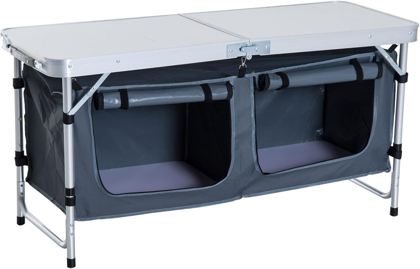 Outsunny 47" Aluminum Folding Camping Table, Adjustable Height Outdoor Picnic Table with Carrying Handle and Storage Organizer Cabinets