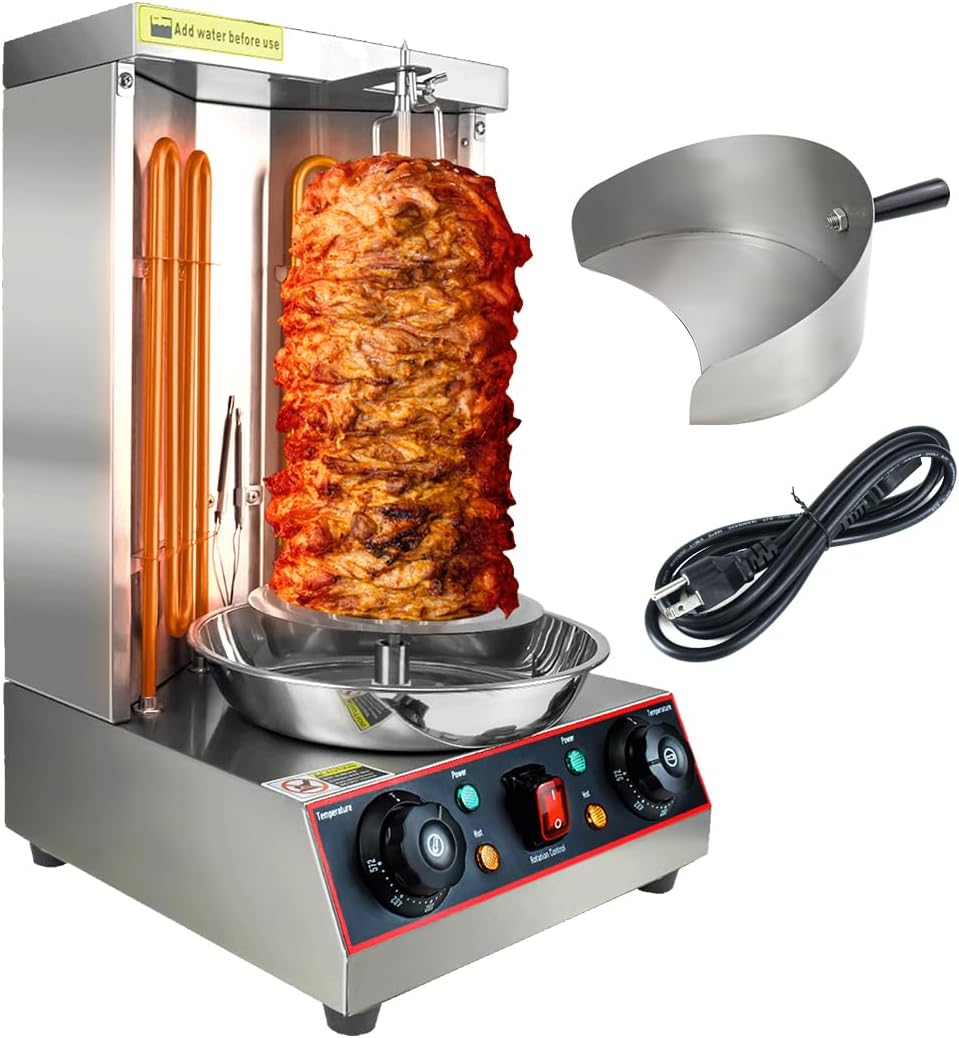 KOOTEN Shawarma Grill Machine Electric Vertical Kebab Gyro Grill Machine Rotisserie Broiler Machine with 2 Burners and Meat Catch Pan, 3000W