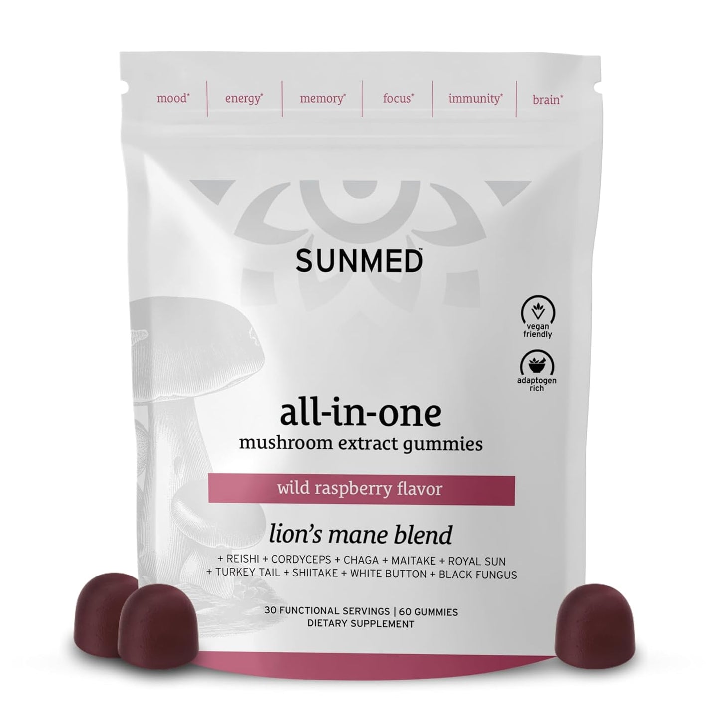 All-in-One Mushroom Gummy Supplements for Focus, Energy, Mood & Immune Support – 10 Functional Mushrooms (Lion’s Mane, Reishi, Cordyceps, Chaga) | Wild Raspberry Flavor, 60ct