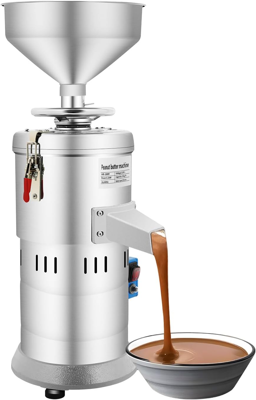 BAIODNB Peanut Butter Maker Machine, 33lbs/h 1100W Stainless Steel Food Electric Grain Grinder Sesame Sauce Grinder Nut Butter Maker Home/Commercial for Groundnut, Almond, Cashew Nut, Sesame, 2850RPM