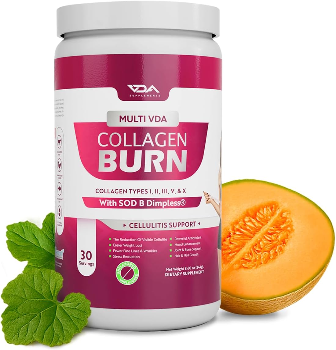 Multi VDA Collagen Burn - Flavorless Hydrocollagen with Peptides Type I, II, III, V, X - Blend with SOD B Dimpless® and Sensoril® - Wellness Routine Powder Supplement - 30 Servings
