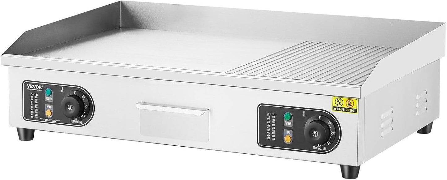 Commercial Electric Griddle, 2800W Countertop Half-Flat Top Grill, 122掳F-572掳F Adjustable Temp, 28.74x15.75x0.39in Stainless Steel Griddle Grill with 2 Shovels and 2 Brushes