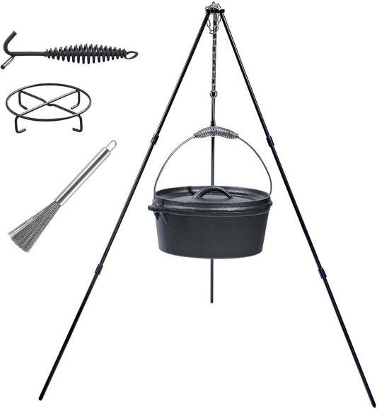 4.5Qt camping dutch oven with lid,cast iron dutch oven,Lifter Handle,Camping Tripod,Cast Iron Camping Cookware, Camping Oven - Campfire Cooking Equipment,With Free Scrubber Brush Stainless Steel Material