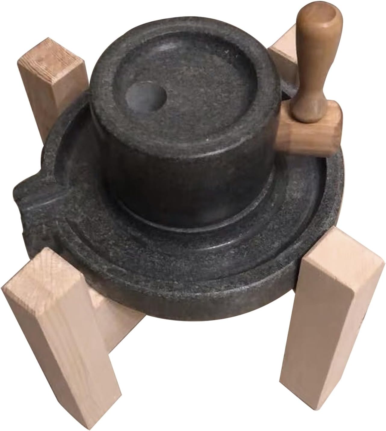 Vintage Lapis Lazuli Small Stone Mill, Hand-cranked Grain Grinder with Wooden Stand, Grinding Teeth Hand Chiselled, Suitable for Grinding Wheat, Rice, Spices(22cm\/8.7in)