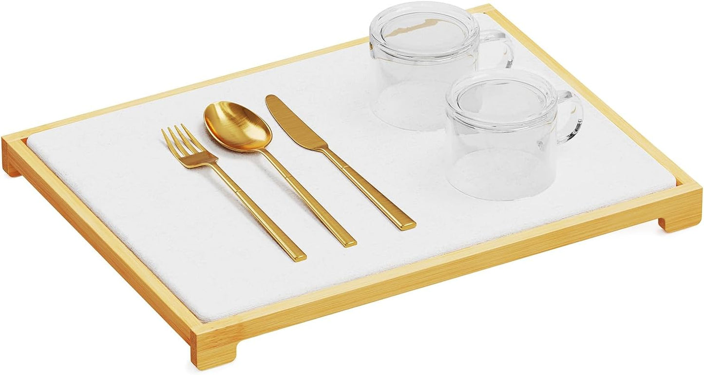 SpaceAid Bamboo Rack Dish Pad, Instant Dry Diatomaceous Earth Mat for Kitchen Counter, Stone Dish Fast Drying Mat Board (15.8 x 11.8 inch, White)