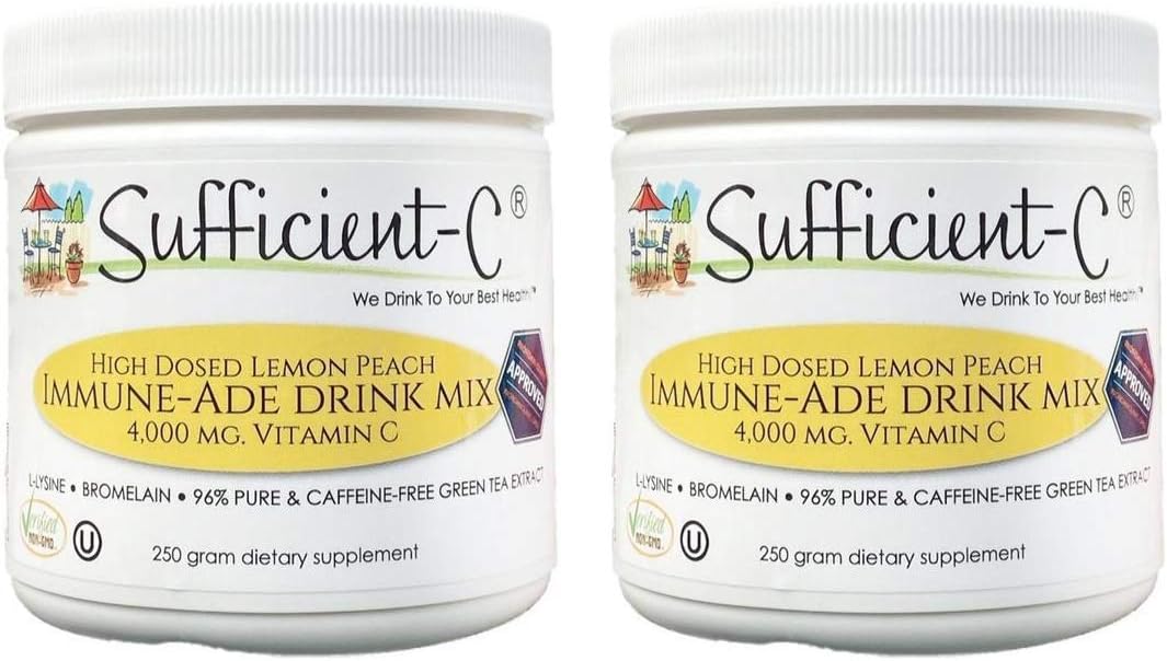 Sufficient-C High Dose Non-GMO Vitamin C - Lemon Peach Immune-Ade Drink Mix 250 Grams - Healthy Hydration Like Never Before (2 Pack)