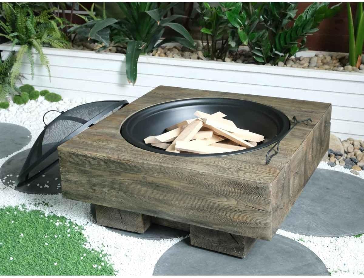 Classic Wood-Grain Outdoor Fire Pit, Antique Dark Grey Composite Wood-Burning Firepit for Garden, Patio & Backyard, Durable & Safe with Mesh Screen
