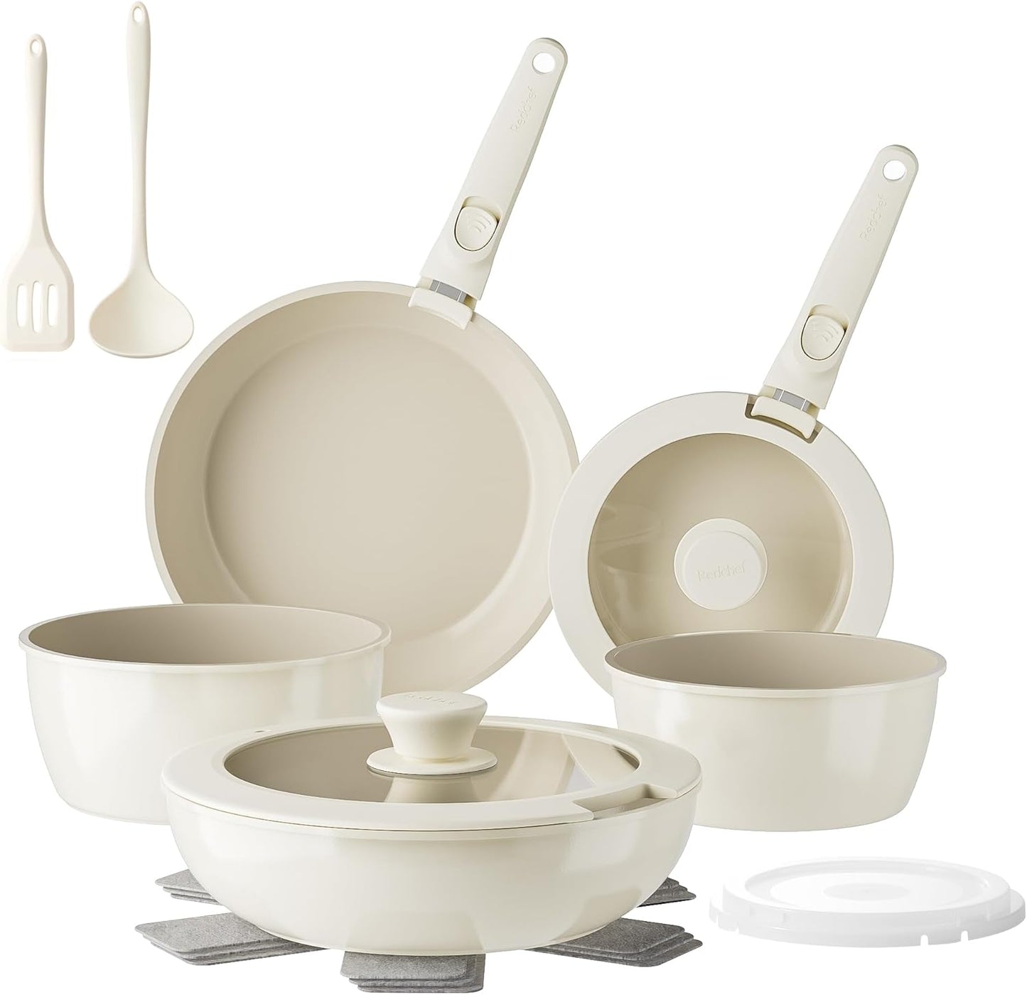 Redchef Pans and Pots Set Nonstick, Ceramic Cookware Set with Detachable Handles, Healthy,Non Toxic, Kitchen Cookware Sets16Pcs, Induction RV Kitchen Set, PFAS PFOA & PTFE Free, Beige White