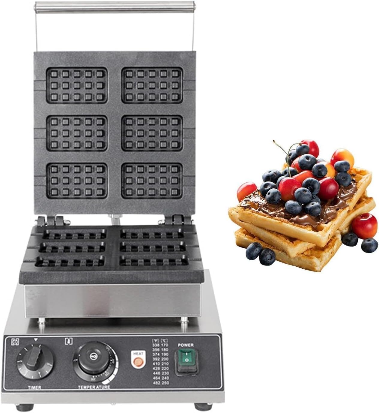 Commercial Waffle Maker, 1750W 6PCS Non-stick Belgian Waffle Maker Iron with Temp and Time Control, Rectangle Electric Waffle Baker Machine for Restaurant Hotel Party Food Stall Cafes