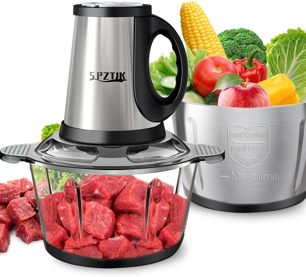 Food Processor, 3-Speed Electric Food Chopper with Vegetable Chopper & Meat Grinder - 2 Bowls (8 Cup Stainless Steel+8 Cup Glass), 300W, 2 Sets of 4 Bi-Level Blades for Vegetable/Fruits/Meat