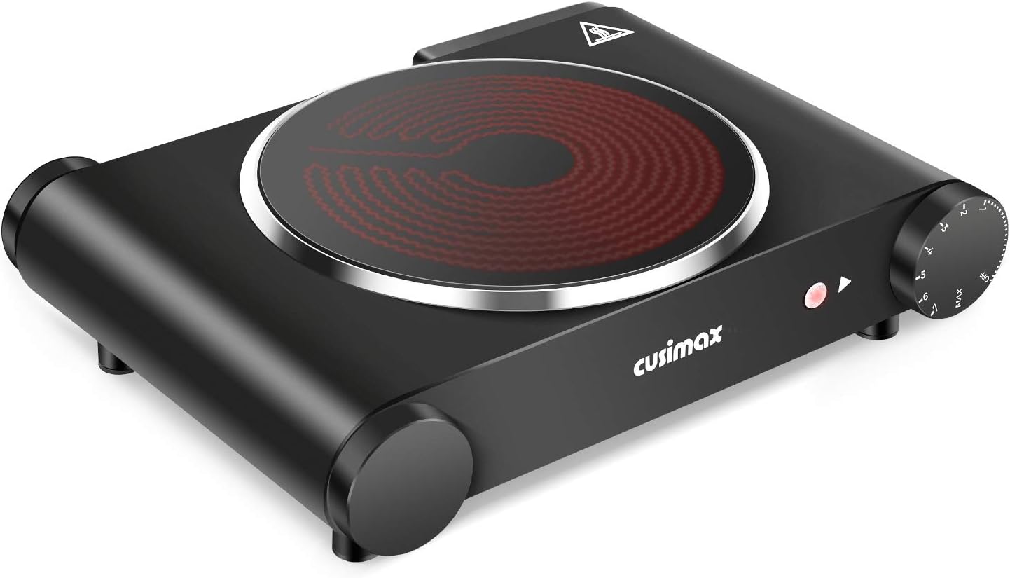 Cusimax Portable Electric Stove, 1200W Infrared Single Burner Heat-up In Seconds, 7 Inch Ceramic Glass Single Hot Plate Cooktop for Dorm Office Home Camp, Compatible w\/All Cookware - Upgraded Version