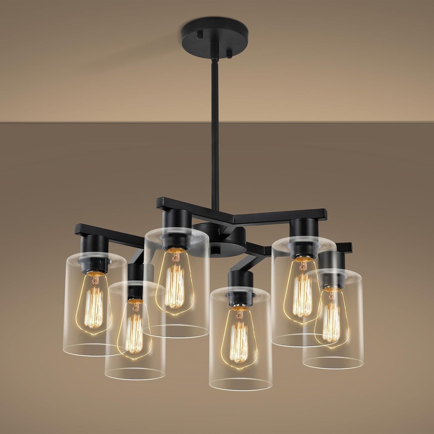 Kvaeavn 6-Light Modern Farmhouse Black Chandelier, Dining Room Light Fixture Over Table Adjustable Height Hanging Industrial Pendant Lights Kitchen Island, Clear Glass Shade