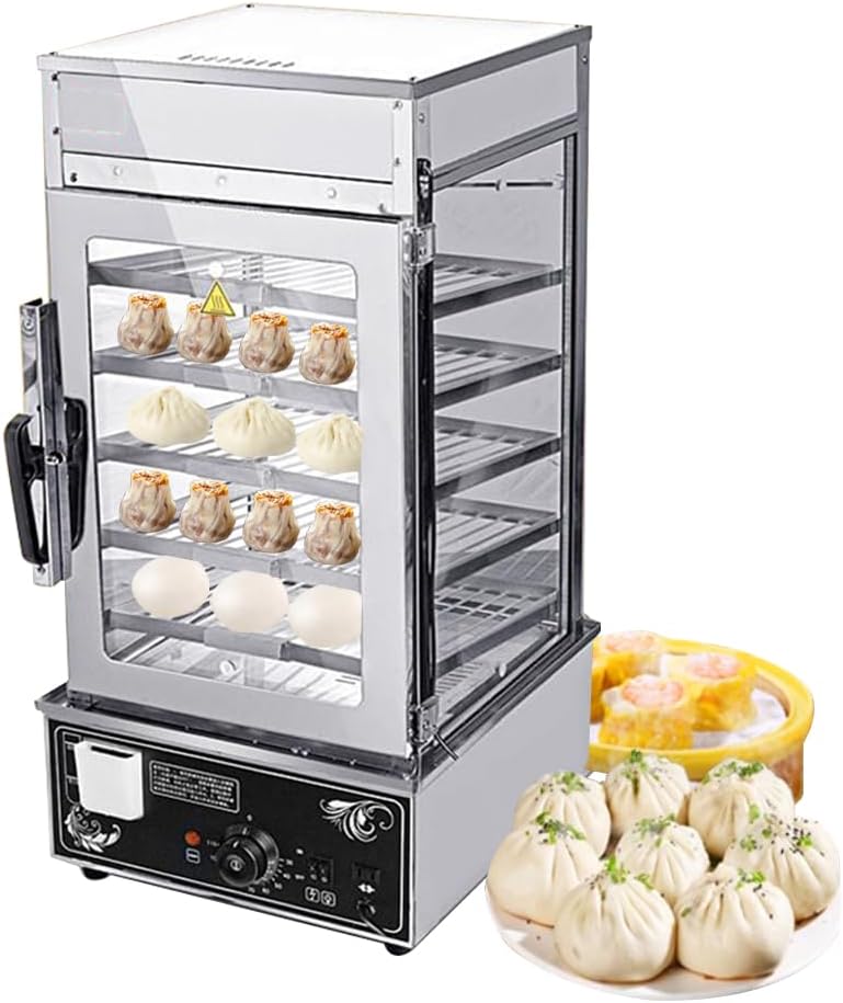 INTBUYING Commerical Bun Steamer Machine 110V Electric Hot Food Warmer Display Case Hot Dog Steamer Warmer with 5 Layers Automatic Temperature Control for Steamed Bun, Steamed Bread, Baozi Buffet