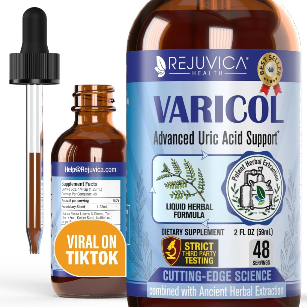 Varicol - Uric Acid Support Liquid Drops - Comfortable Joint & Kidney Support with Tart Cherry, Chanca Piedra, Celery Seed + Ginger Extract Complex - Vegan, Sugar-Free Supplement - 2 fl oz