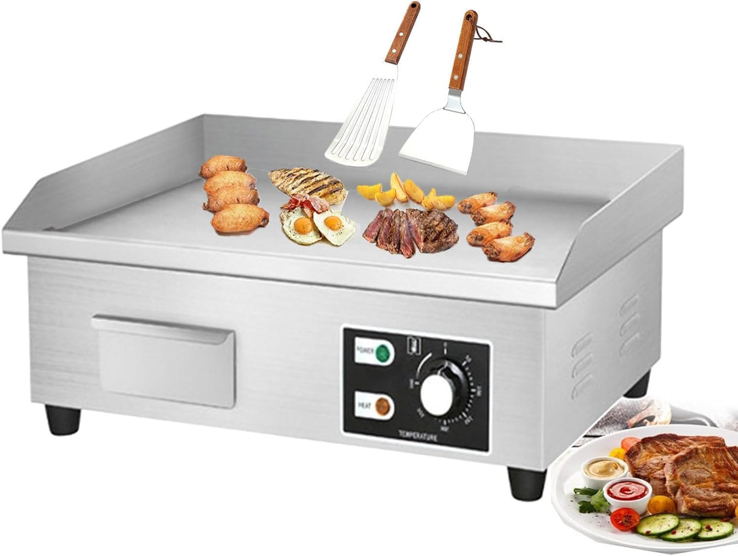 Commercial Electric Griddle 50-300℃, Electric Flat Grill Stainless Steel Steak Bacon Deep Frying Pan For Grilling Pancakes, With 2 Deep Frying Spatulas,1500W