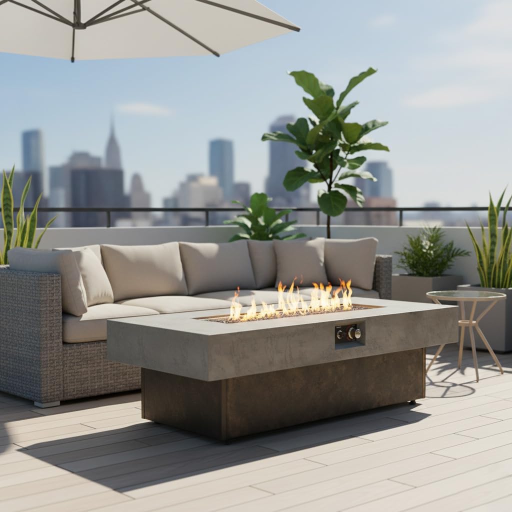 Zolyndo Propane Fire Pit Table, 55 Inch Firepits for Outside, Rectangle Gas Fire Pits for Outside Patio, Deck, Backyard, Pool, 50000BTU, Free Waterproof Cover, Tank Not Included, Brown+Gray