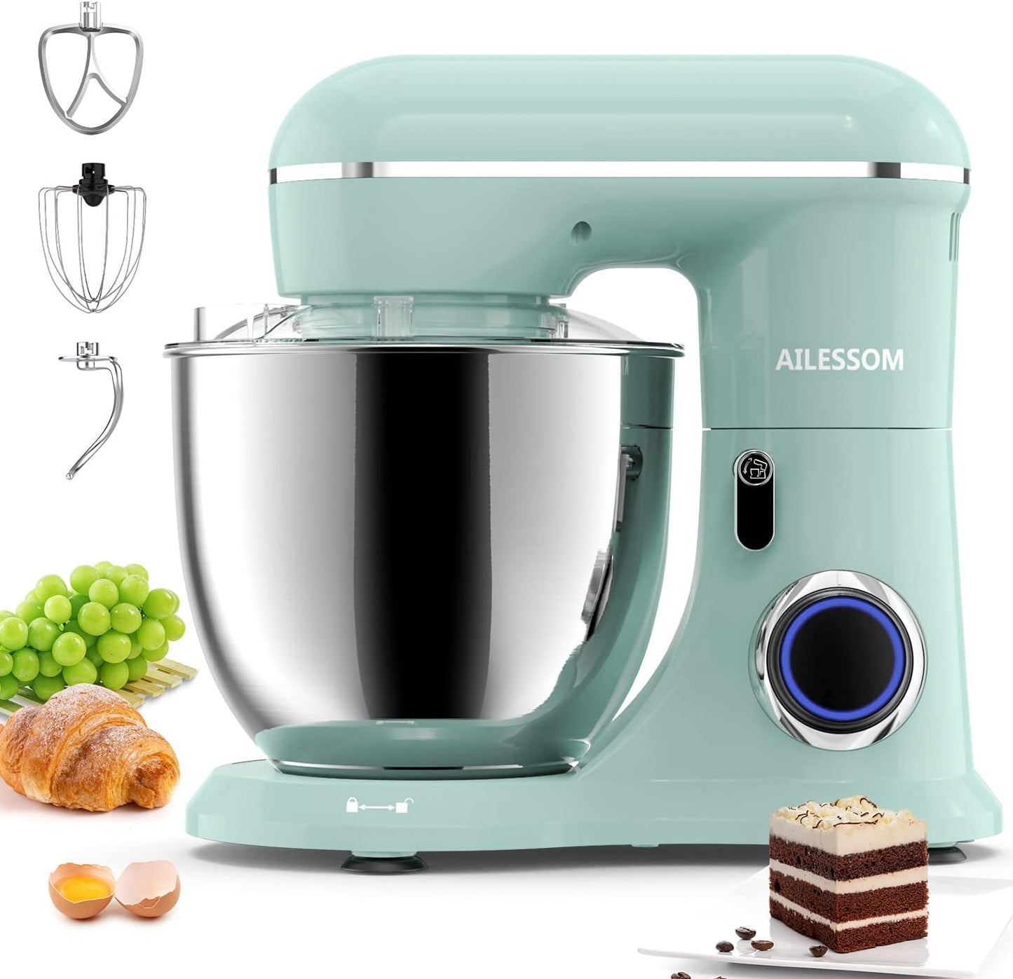 Ailessom Stand Mixer,6.5-QT 660W 10-Speed Tilt-Head Food Mixer, Kitchen Electric Mixer with Bowl, Dough Hook, Beater, Whisk for Most Home Cooks, (6.5QT, Agave Green), 1533P