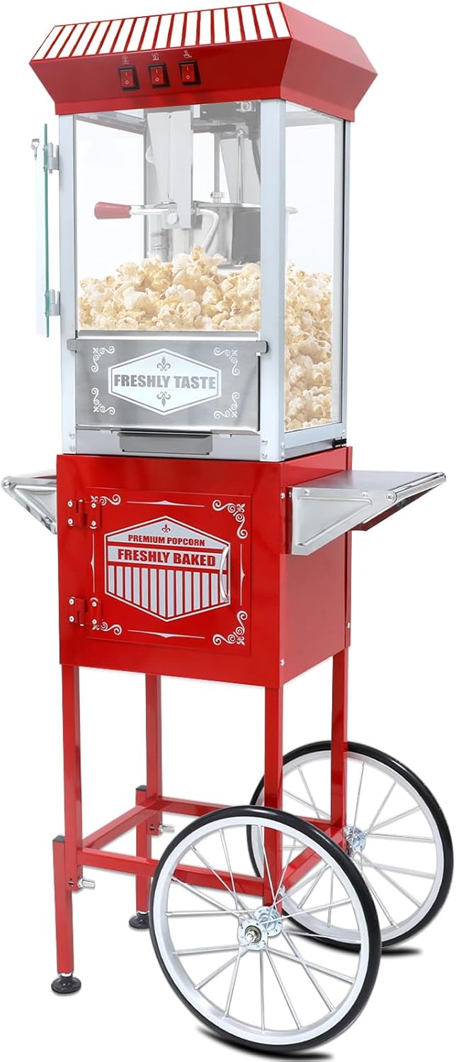 12oz Popcorn Machine with Cart, 12oz Popper Stainless-Steel Kettle & Warming Light, Makes Up to 60 Cups, Ideal for Family Gatherings, Movie Theaters & Amusement Parks, Red