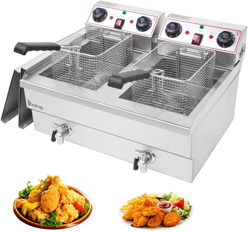 25QT\/23.6L Commercial Deep Fryer with Basket and Lid, 3400W Electric Fryer with Adjustable Temperature & Timer, Stainless Steel Countertop Oil Fryer for French Fries, Onion Rings, Donuts