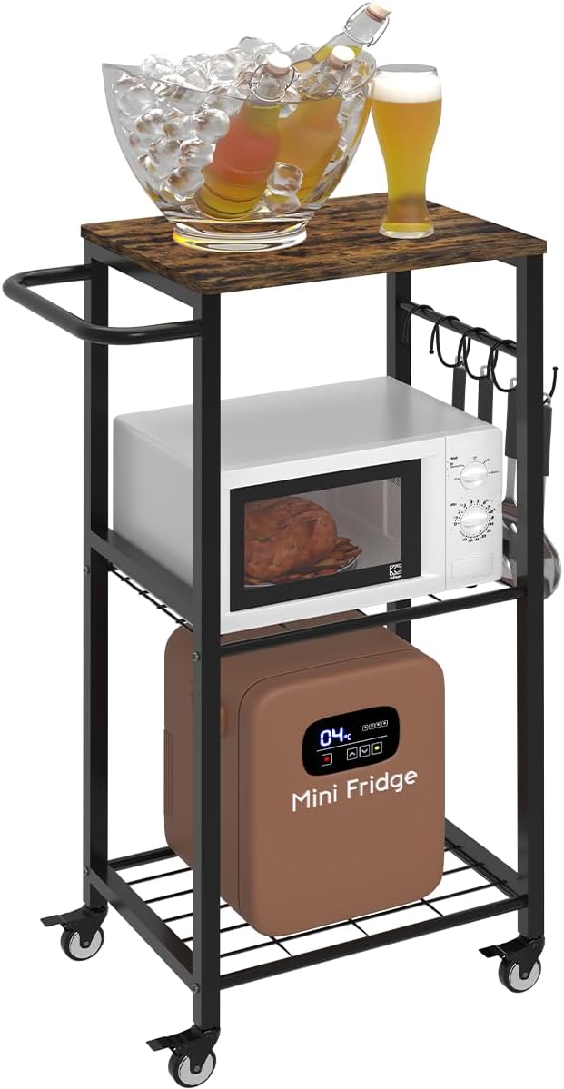 Sungaryard 3-Tier Rolling Kitchen Cart Microwave Stand on Wheel, Movable Coffee Bar Cart with Metal Handle, Bakers Rack with 8 Hooks Utility Cart for Living Room, Bedroom, Bathroom, Office, Black