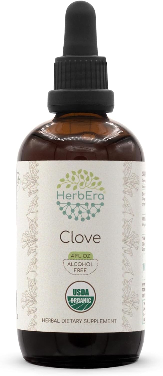 HerbEra Clove B120 USDA Organic Tincture | Alcohol-Free Extract, High-Potency Herbal Drops | Certified Organic Clove (Syzygium Aromaticum) Dried Flower Buds (4 fl oz)