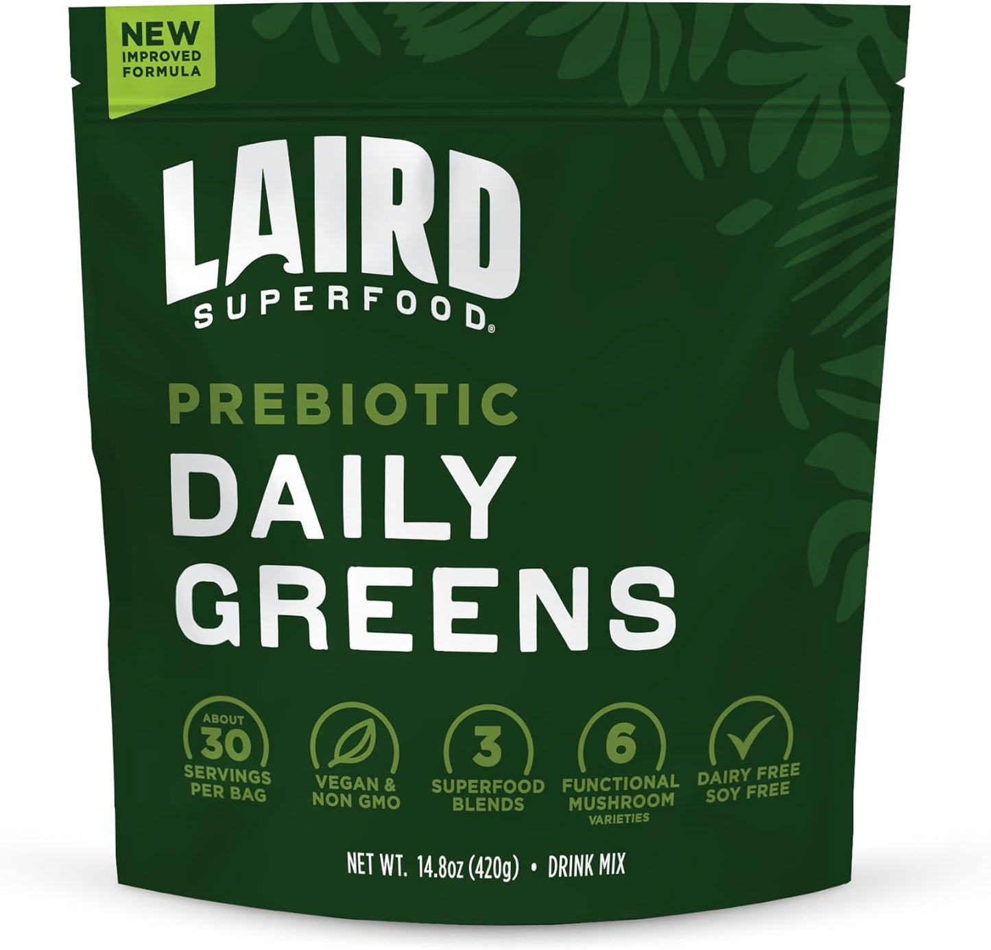 Laird Superfood Prebiotic Daily Greens Powder \u2013 Essential Vitamins & Minerals - Prebiotic Fiber, Adaptogen and Fruits & Vegetables \u2013 Supports Gut Health \u2013 Non-GMO, Vegan - 14.8 oz Bag, Pack of 1