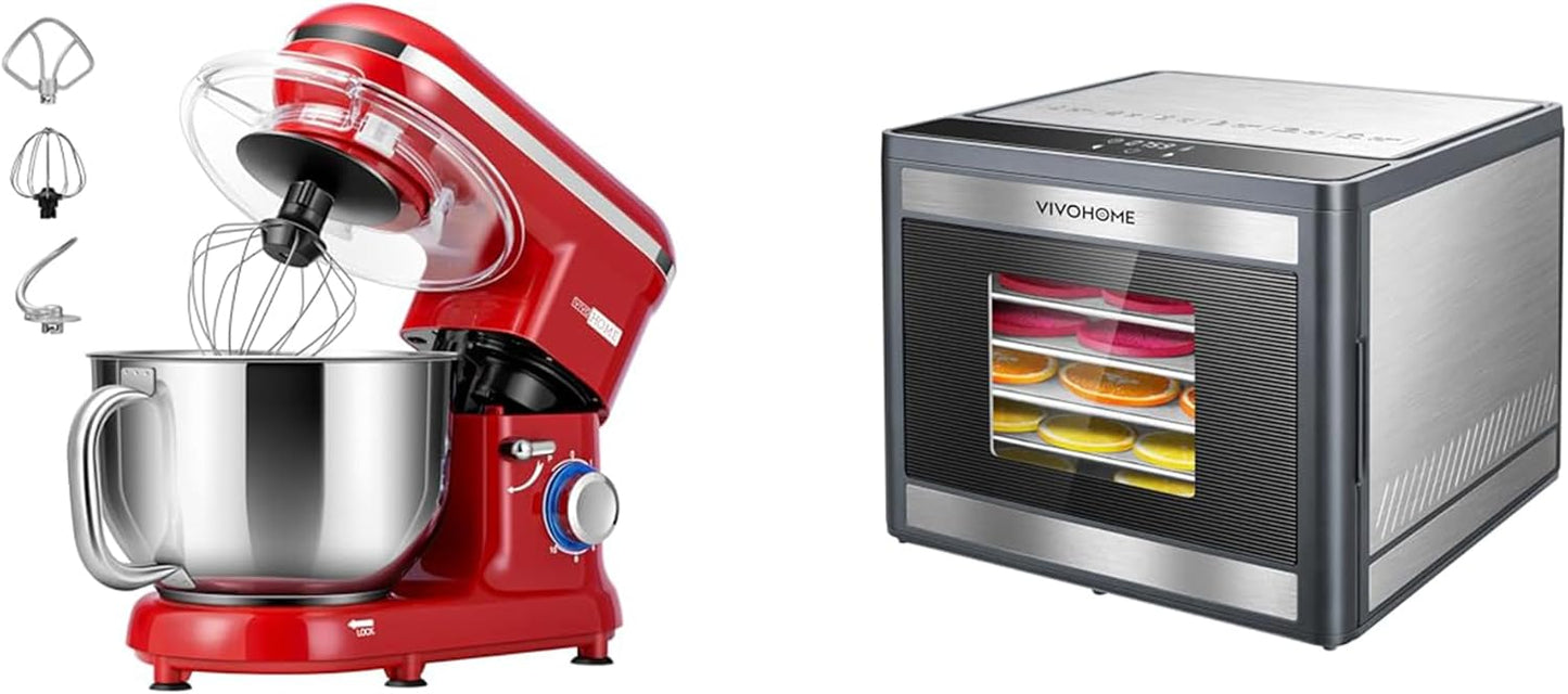 VIVOHOME 660W 10-Speed 6 Qt Tilt-Head Kitchen Electric Stand Mixer with Beater, Dough Hook, Whisk and Egg Separator and 6-Tray Stainless Steel Electric Food Dehydrator with 48H Timer & Temp Control