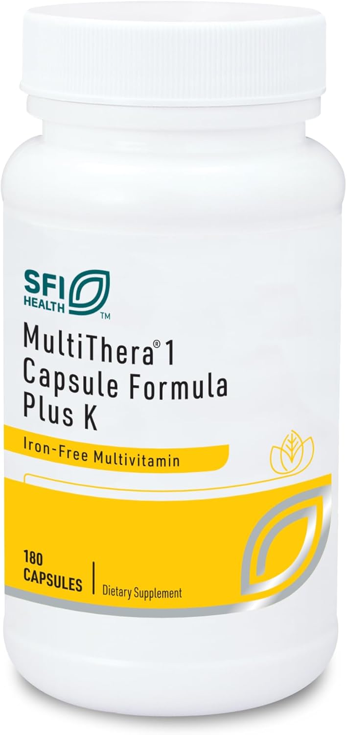 Klaire Labs SFI Health MultiThera 1 Plus K Iron-Free Multivitamin & Multimineral Capsule Formula with Vitamin K1 & K2 - High Potency with Active Folate, No Iron (180 Capsules)