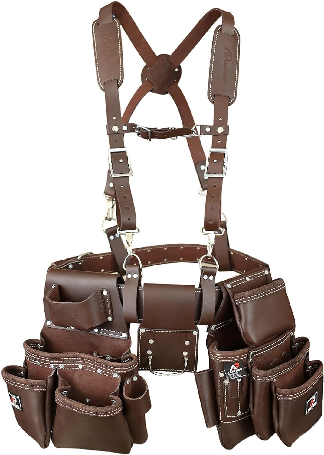 AP-LEATHER PRO-19 100% Genuine Full Grain Leather Tool Belt\/Pouch\/Bag, tool belt with suspenders, Comfort Back Support Tool Pouches With Suspenders (Chocolate Brown)