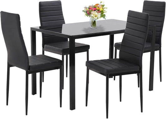 PayLessHere Dining Room Table Set 5-Piece Kitchen with 4 Faux Leather Metal Frame Chairs Rectangular Modern for Small Spaces w\/Glass Tabletop Kitchen Table and Chairs, Black Glass