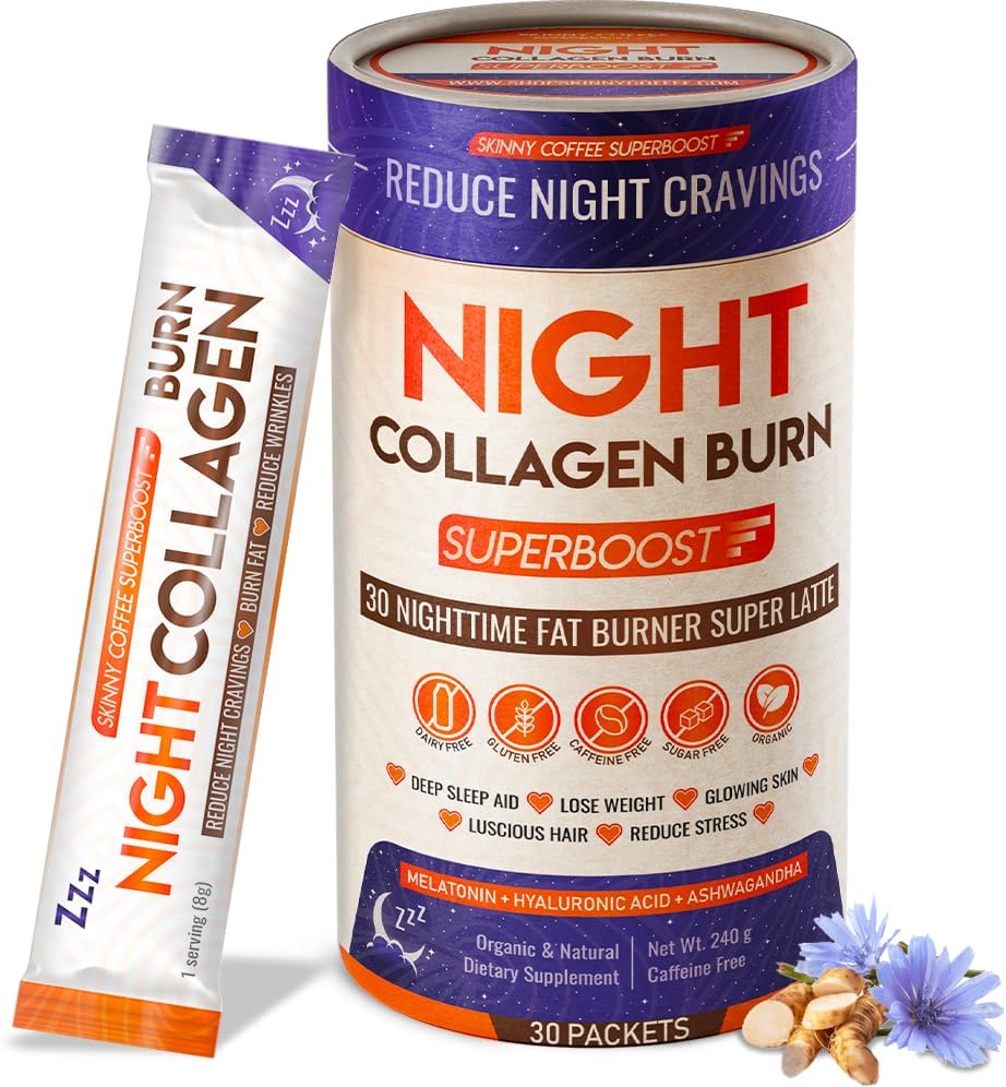 Night Collagen Burn - Weight Loss & Belly Fat Burner & Sleep Aid for Women & Men | Sleep Support for Bloating & Metabolism, Appetite Suppressant | Supports Skin, Hair, Nails & Joints | 30 Servings