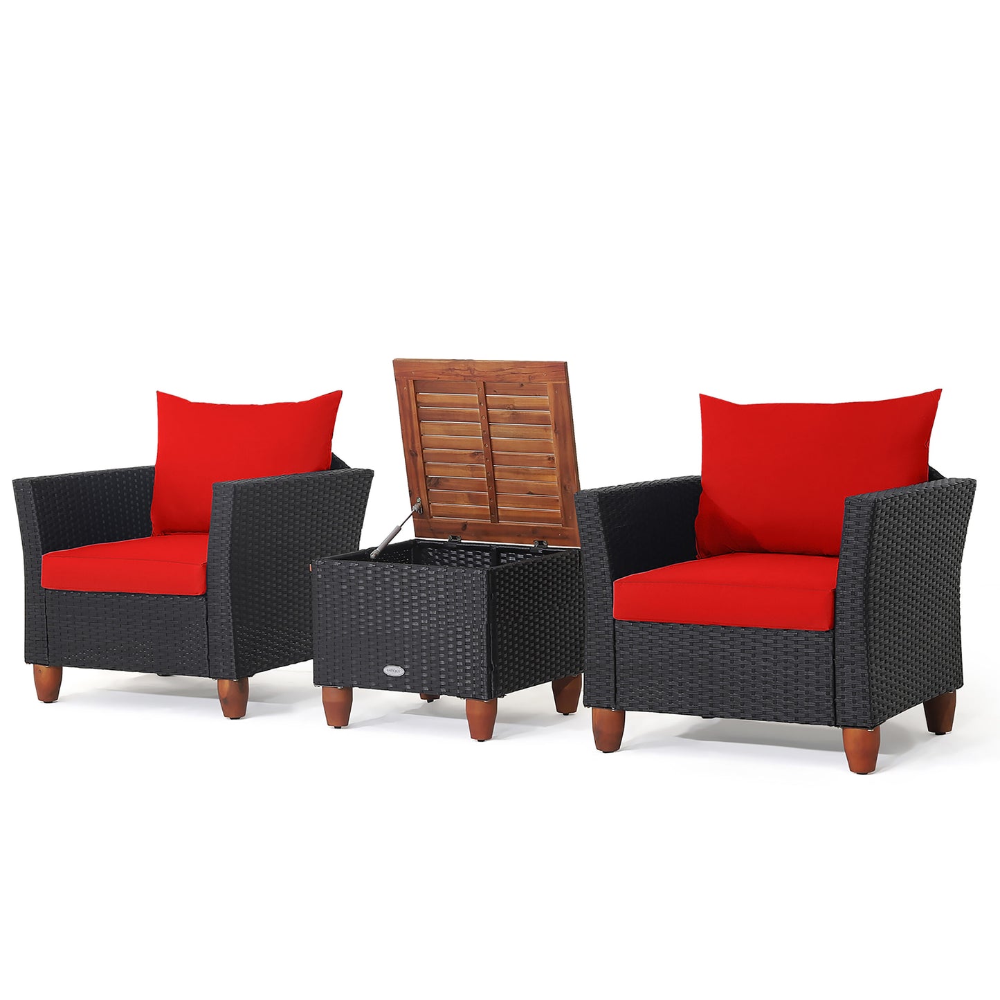 Costway 3 -Piece Wicker Patio Conversation Set with Red Cushions