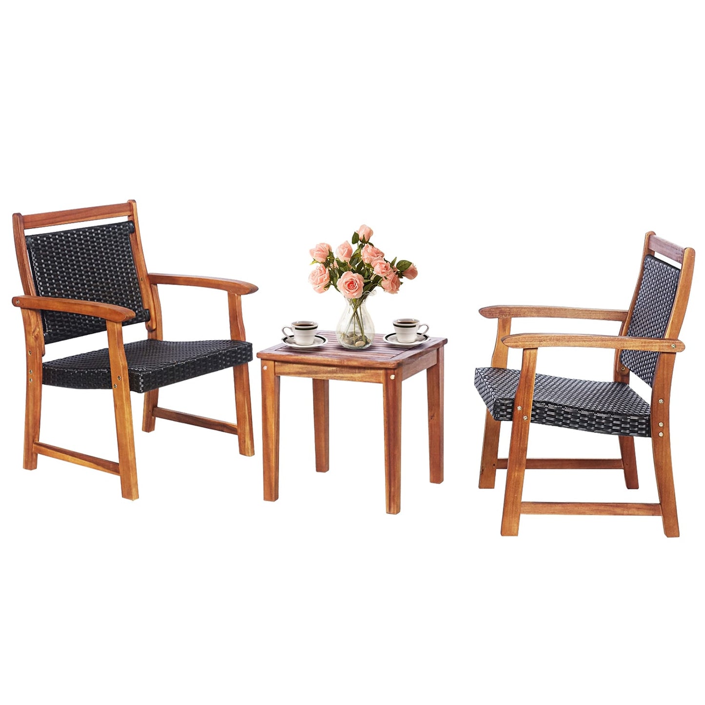Forclover 3 Pieces Rattan Bistro Set with Acacia Wood Frame for Garden