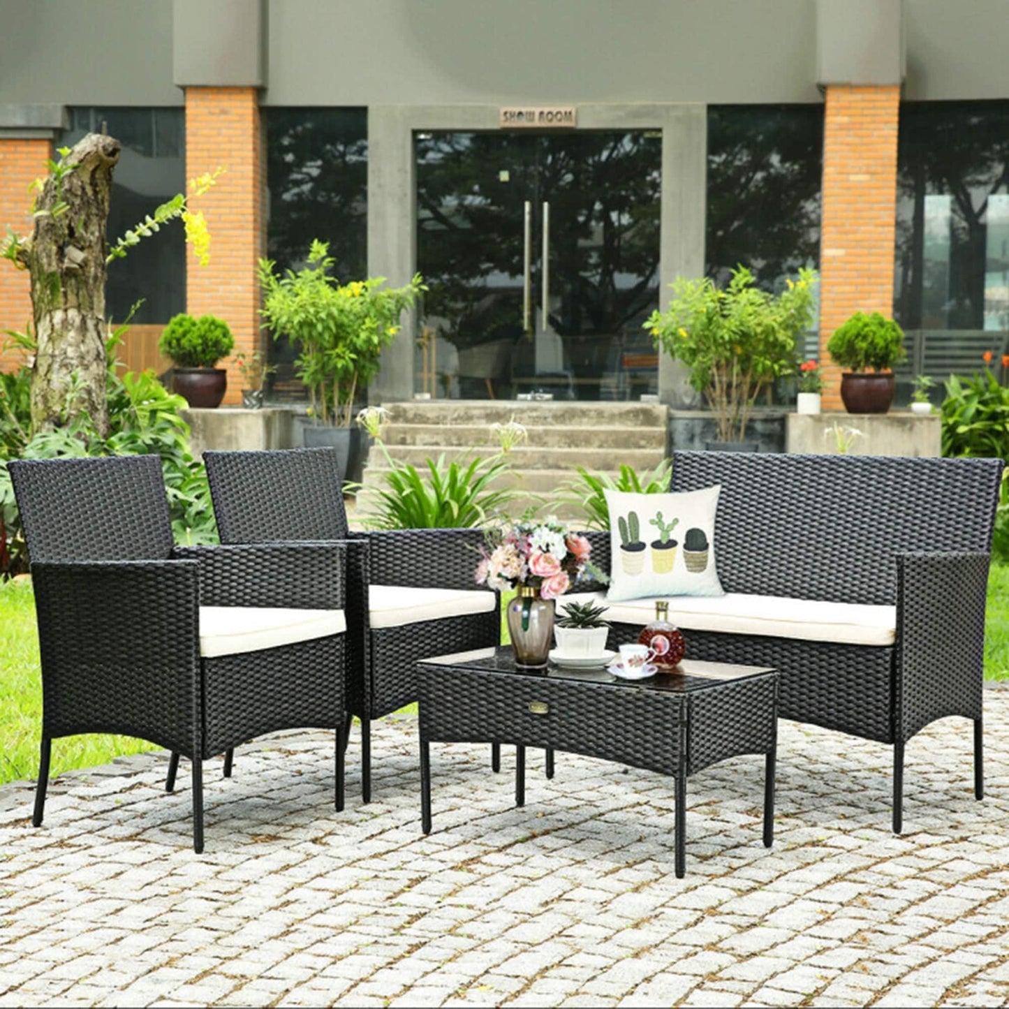 Mondawe 4 -Piece Rattan Patio Conversation Set with White Cushions