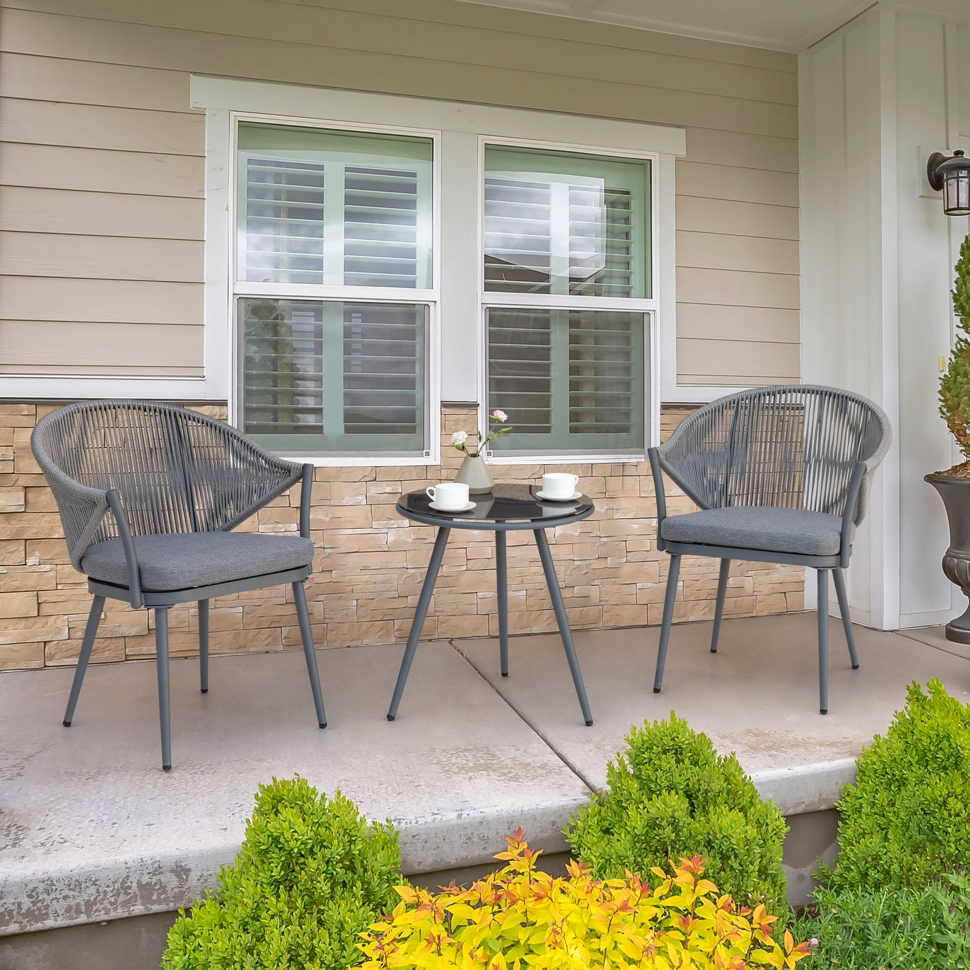 Nuu Garden Patio Bistro Set 5 -Piece Dark Grey Bistro Patio Dining Set Aluminum Round Table with 2 Dark gray Cushions Stationary Chairs