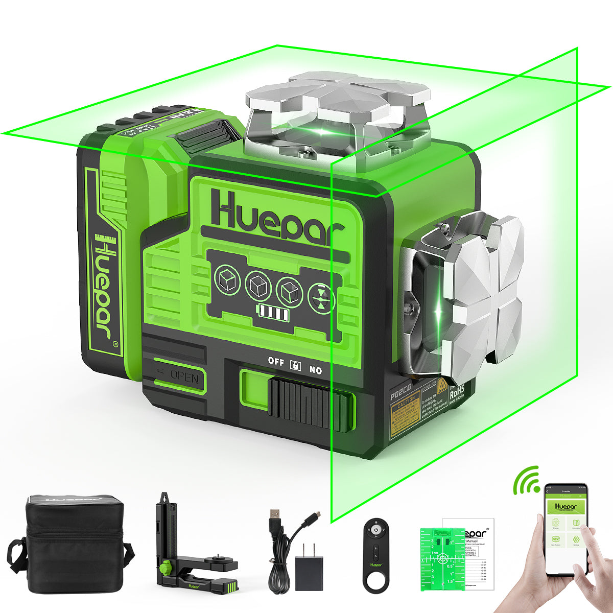 Huepar 200-ft Green Self-Leveling Cross-line Laser Level P02CG